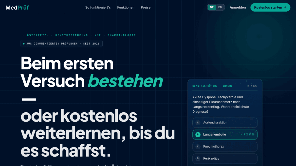 MedPrüf: Austrian medical exam-prep platform, German UI, question bank with spaced repetition.